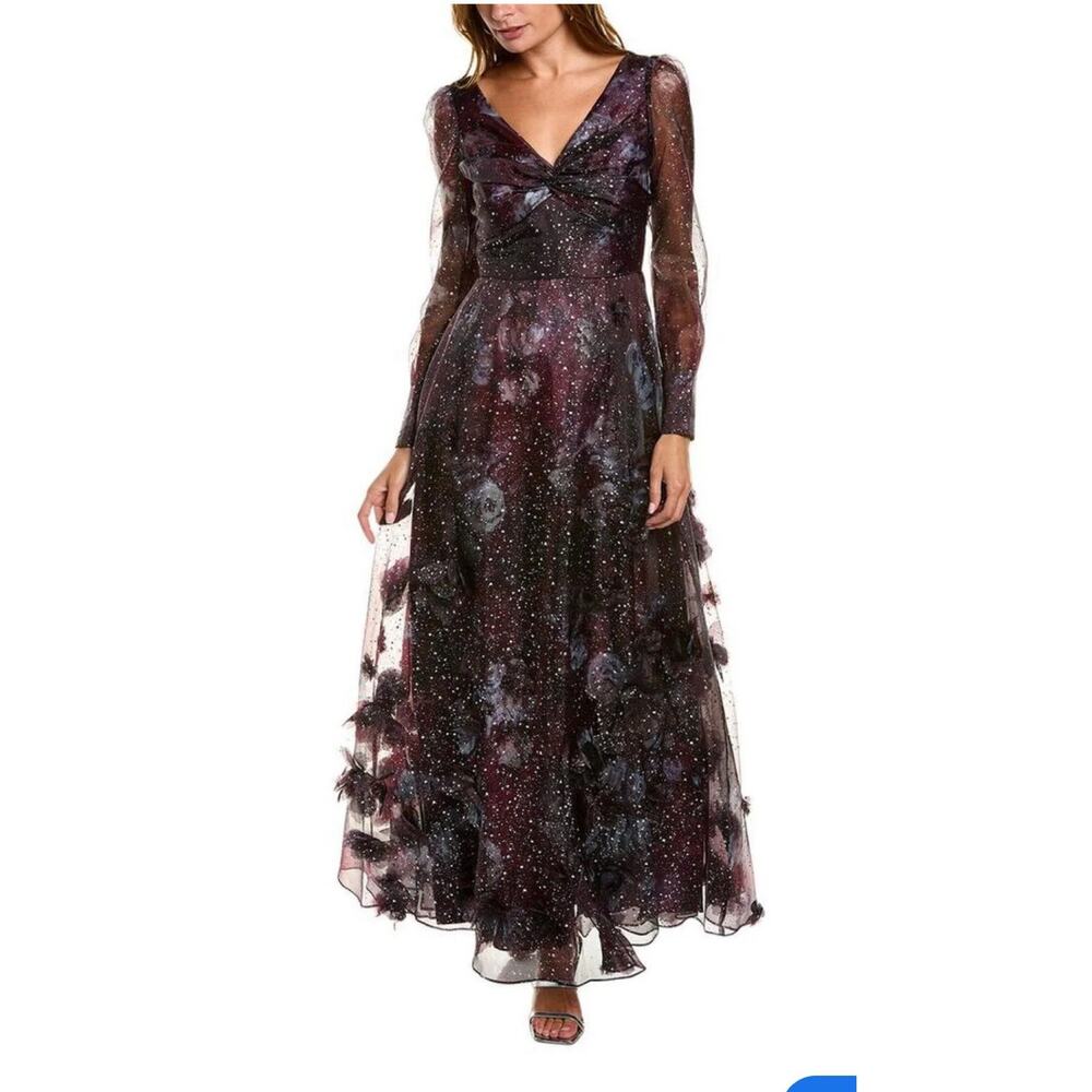 Marchesa Notte Blouson Sleeve Foiled Floral Appliquéd 3D Organza Gown Sz 10